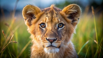 Adorable close-up portrait of a curious lion cub with a fluffy mane, big brown eyes, and a playful expression, against a natural savannah background.