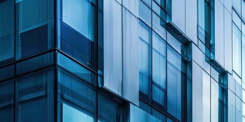 Closeup of modern architectural fa&ccedil;ade with abstract blue glass reflections