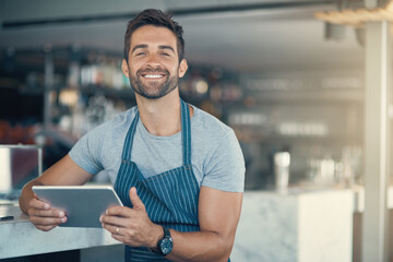 Cafe, happy and portrait of man with tablet for online order, communication and restaurant app....