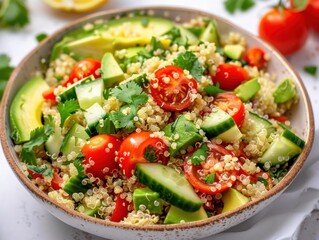 A vibrant quinoa salad with cherry tomatoes, cucumber, and avocado, garnished with cilantro.