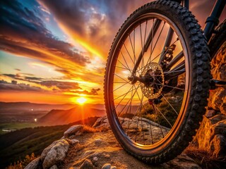 Vibrant orange sunset illuminates a rugged mountain bike wheel navigating a challenging rocky trail, evoking freedom and thrill of an exhilarating outdoor cycling adventure.