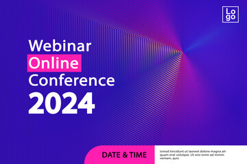 Fototapeta premium Abstract webinar online conference background with vibrant purple and pink light rays and copy space for business events.