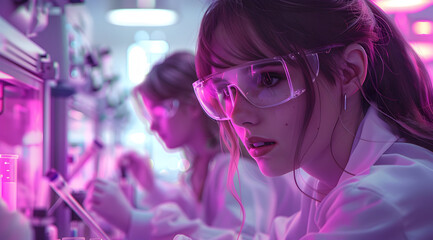 Fototapeta premium Illustration of a Female Scientist in a Lab With Pink Lighting