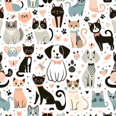 Seamless Pattern with Cute Cats, Dogs and Butterflies