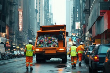 Garbage Truck and Workers in Busy City Street