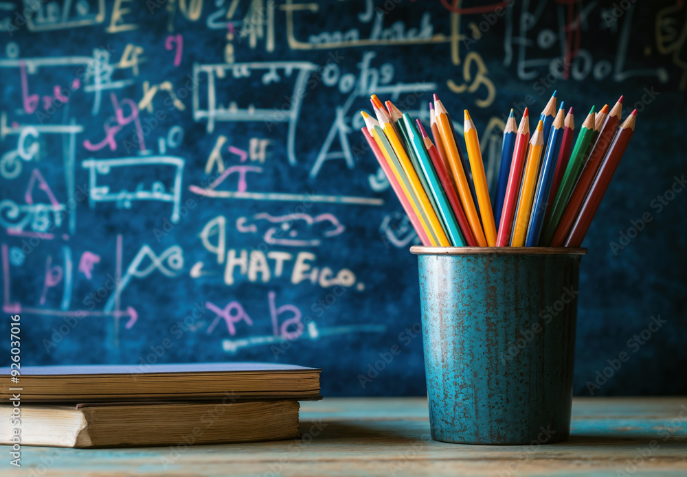 Aufkleber colorful pencils standing in a mug on a school desk with a blackboard in the background and copy spa