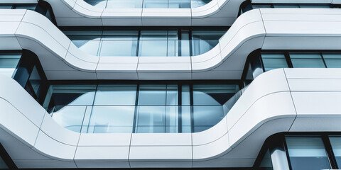Abstract closeup of a modern architectural facade with flowing lines and glass elements