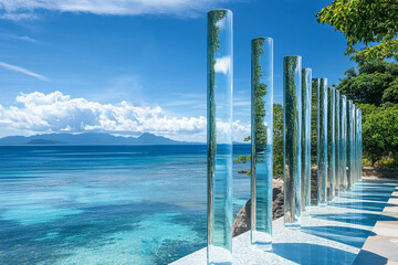 Nature Meets Art: Coastal Reflections, scenes where sleek reflective pillars, vibrant glass structures blend seamlessly with the sky, sea, lush greenery, creating a harmony of nature and art