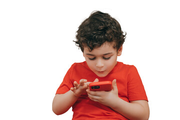 young boy in a red shirt intensely focuses on a smartphone, appearing absorbed in a digital activity. The transparent background makes this ideal for tech-related designs © Iona