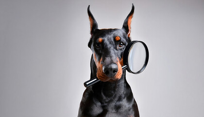 doberman holding magnifying glass