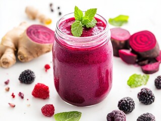 A vibrant smoothie in a jar, garnished with mint, surrounded by fresh ingredients.