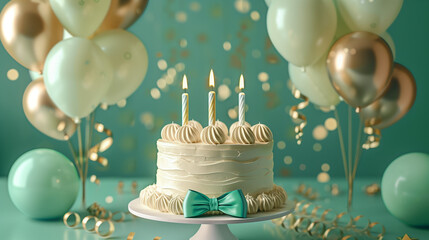 birthday cake with burning candles, against a festive background of colorful balloons