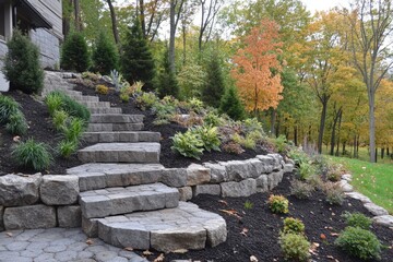 Stone steps lead to a house in the woods. This image is perfect for websites, brochures, or articles focused on landscaping, home design, or outdoor living.