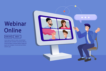 Video conferencing at home man having video call meeting with clients at home. group of people cheerful communicating online.