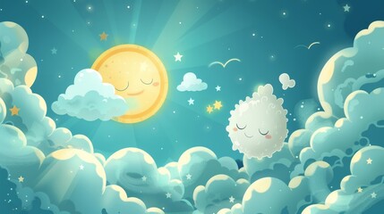 Cute cartoon vector of a CO2 molecule floating in the atmosphere, with a sun and clouds in the background