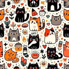 Cute Cat Seamless Pattern with Doodle Elements