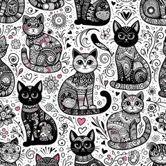 Fototapeta premium Seamless Pattern with Ornate Cats and Floral Elements