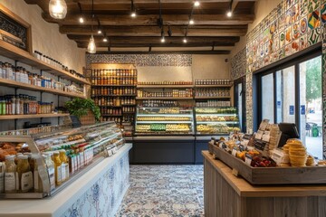A well-lit gourmet food shop with shelves of products. Perfect for showcasing a variety of gourmet foods and ingredients, this photo can be used for food blogs, articles, or restaurant menus.