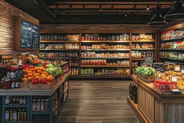 A well-stocked grocery store with shelves full of food. This image is perfect for a website or advertisement for a grocery store or food retailer.