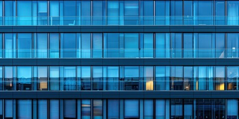 Obraz premium Modern architectural facade showcasing reflective glass and blue tones in a vibrant urban setting