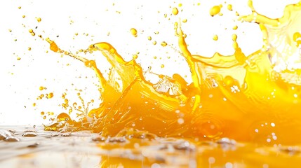 Yellow juice and clear water splashing together, creating a colorful collision on a white background.