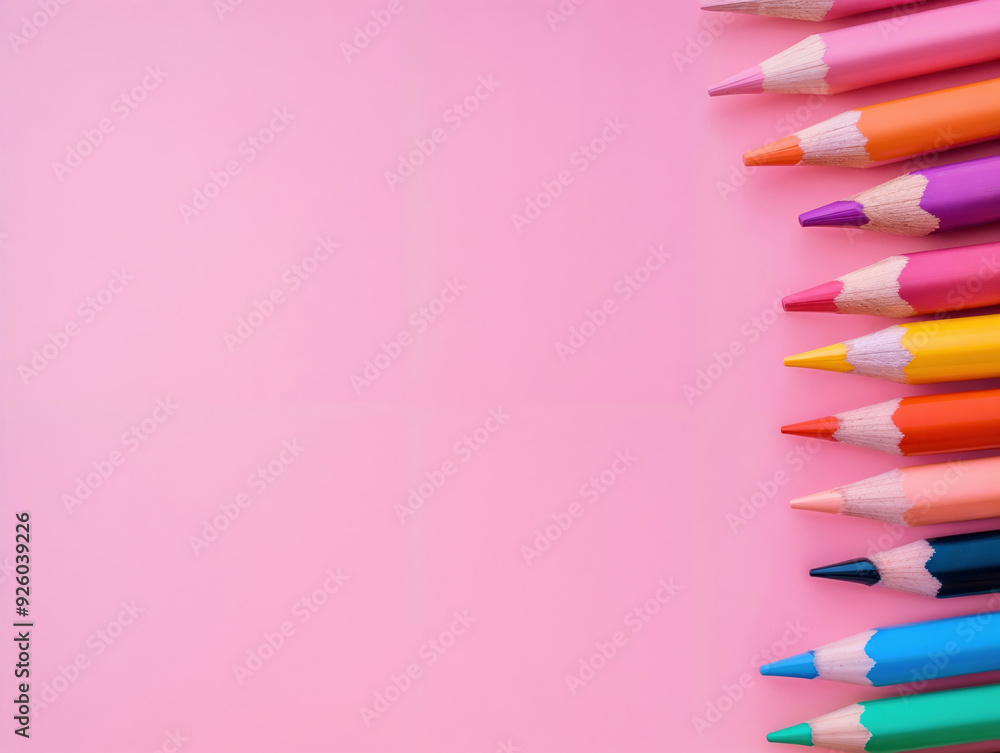 Poster row of colored pencils is forming a line on a pink background with copy space