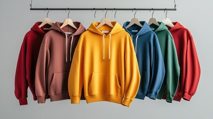 Colorful hoodies hanging on hangers. Perfect for showcasing fashion, clothing, and retail concepts.