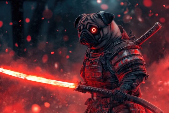 A fierce pug warrior in samurai armor wielding a glowing red sword, set against a dramatic, fiery background.