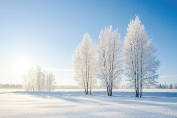A serene winter landscape featuring frosted trees under a clear blue sky, highlighting the beauty of nature's winter wonderland.