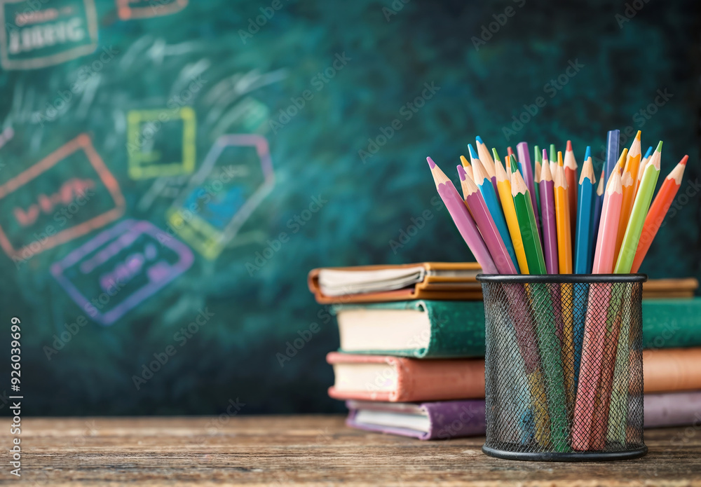 Aufkleber colorful pencils in a cup are standing on a teacher's desk with a stack of books and a chalkboard as