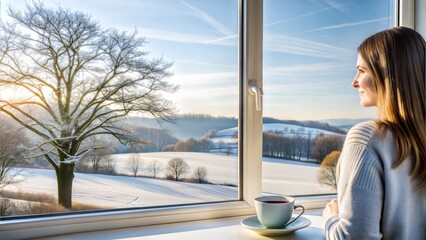 Winter Morning, a woman looks at the window with a cup of coffee