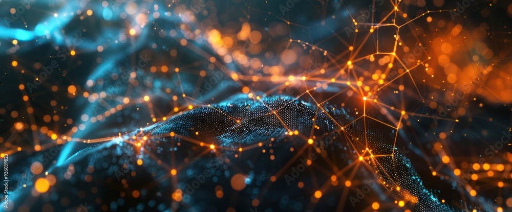 Poster abstract futuristic network background with glowing lines and dots in blue and orange.