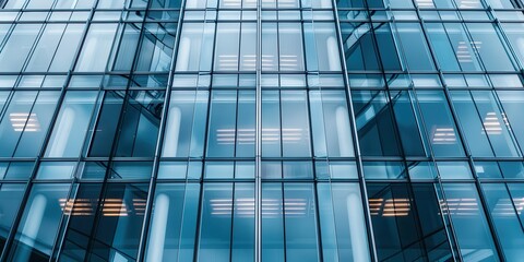 Fototapeta premium Close-up view of modern glass facade showcasing abstract architectural design
