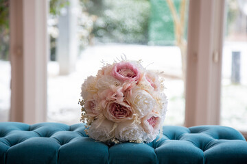 Elegant Bridal Bouquet on Tufted Teal Bench - Wedding Flower Detail
