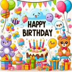 Obraz premium Happy Birthday Celebration with Cute Cartoon Animals and Decorations