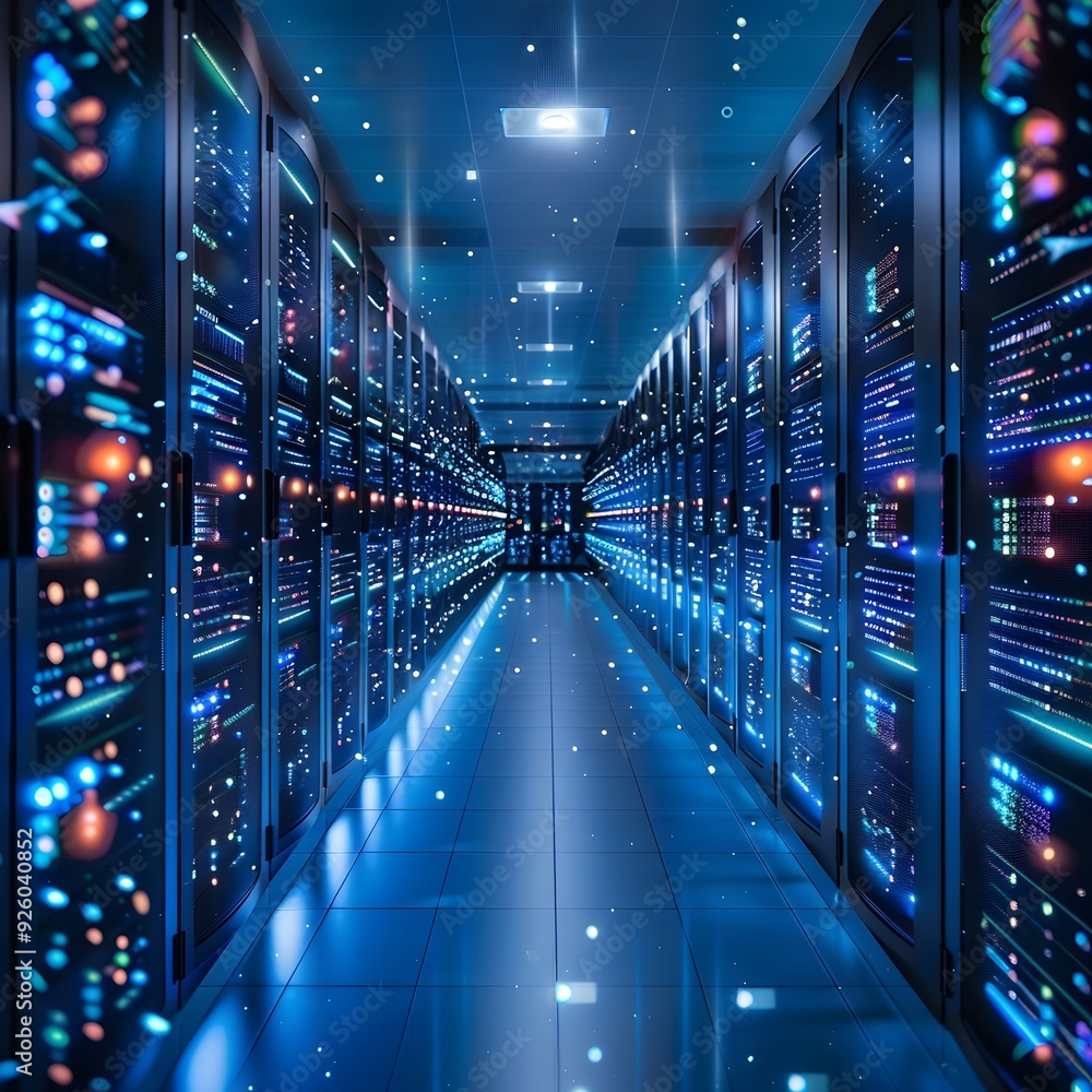 Aufkleber high angle view of a blue lit cloud data center with rows of servers and modern technology