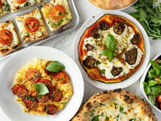 An assortment of delicious Italian dishes featuring pizza, pasta, and fresh ingredients.