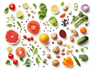 An assortment of fresh vegetables, fruits, nuts, and herbs arranged artistically.