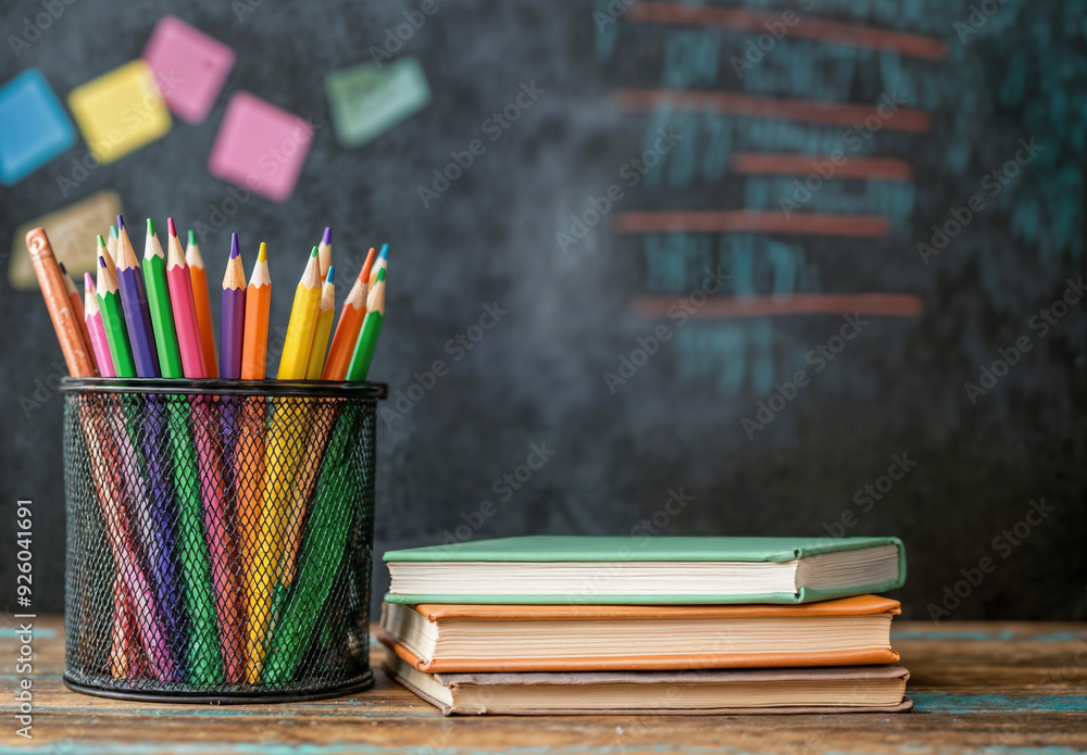 Aufkleber back to school concept with colored pencils in a cup and books on a table against a blackboard backg