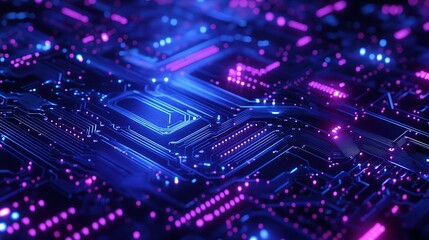 Obraz premium Cyberpunk Circuitry: Close-up of a futuristic circuit board with vibrant neon blue and pink lighting, showcasing intricate details and complex technological design.