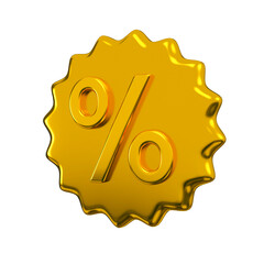 Shiny discount golden emblem for sales event and shopping online. Price percent tag offer promotion isolated. 3d rendering.