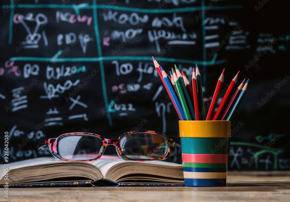 Aufkleber open book with eyeglasses and colored pencils in a colorful container, in front of a blackboard