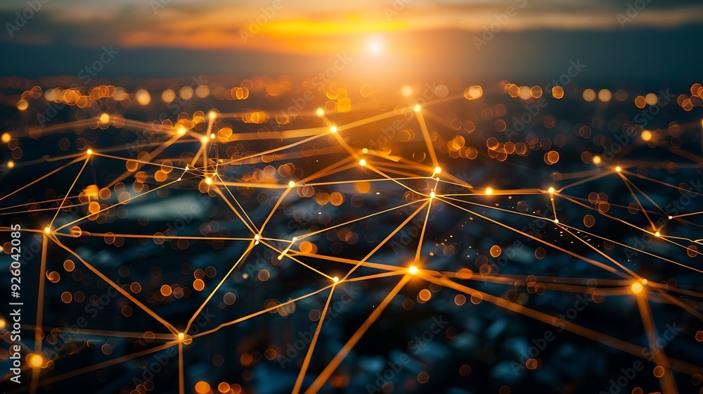 Poster abstract glowing network lines with bokeh lights against a blurred sunset background.