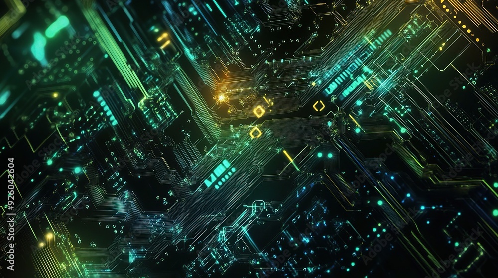 Poster a technology background featuring circuit patterns and digital elements, conveying a sense of modern