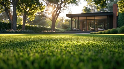 Green lawn in front of a house. Perfect for showcasing a peaceful and tranquil atmosphere.