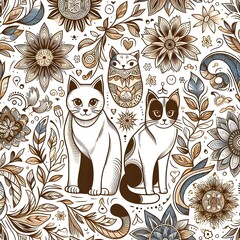 Cats and Floral Pattern Seamless Repeat