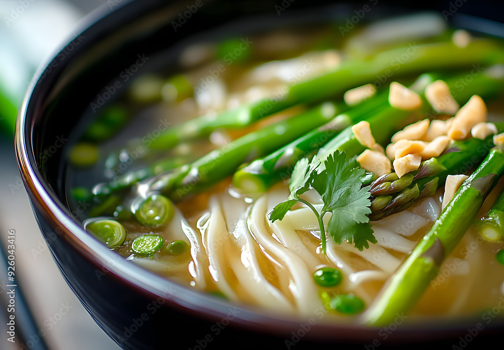 Wall mural close up of vegetarian pho with asparagus and noodles