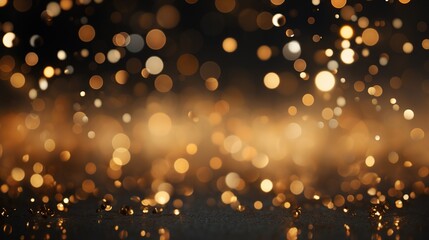 Abstract golden bokeh lights on a dark background.