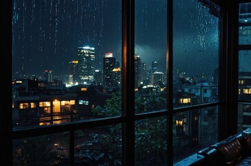 rainy view from window in the night