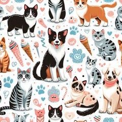 Seamless Pattern of Cute Cats and Dogs with Ice Cream and Candy Canes
